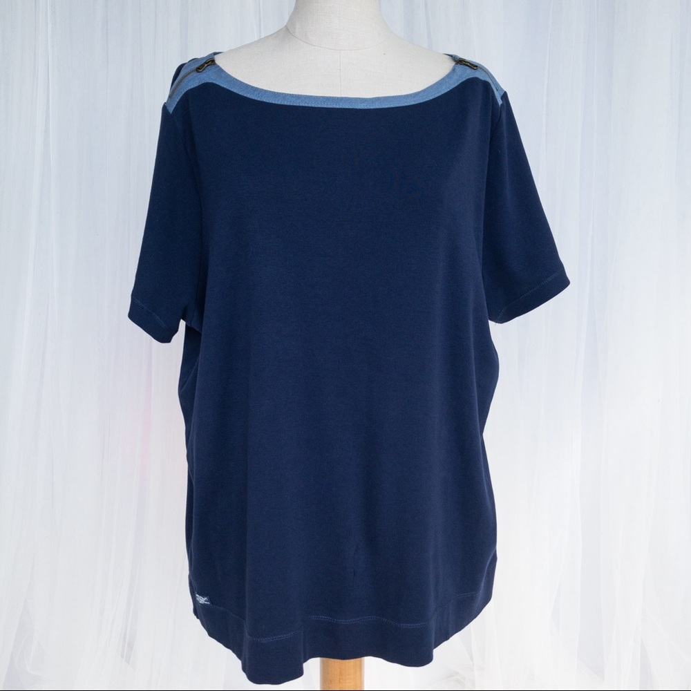 LAUREN Ralph Lauren Women's 3X Short Sleeve Navy Shirt with zipper detail